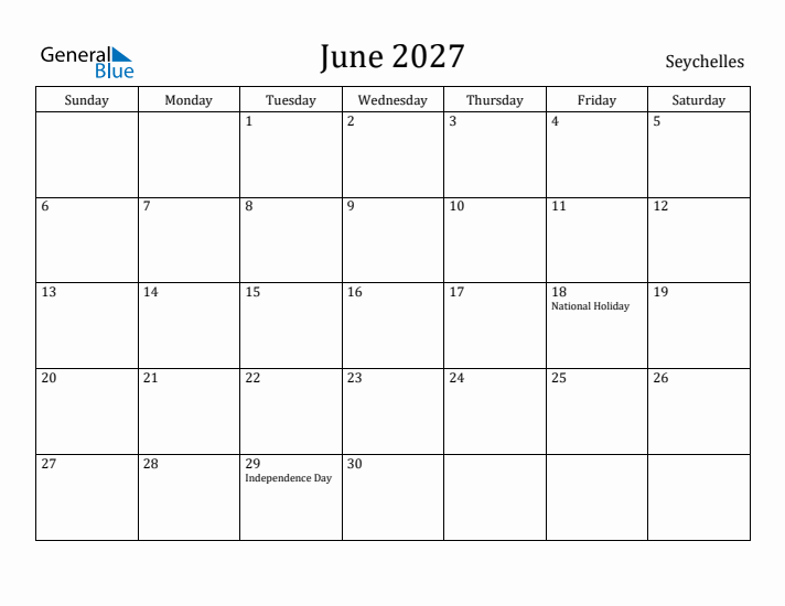 June 2027 Calendar Seychelles