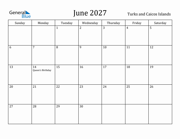 June 2027 Calendar Turks and Caicos Islands