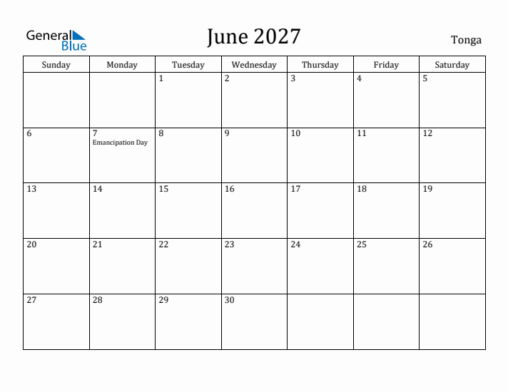 June 2027 Calendar Tonga