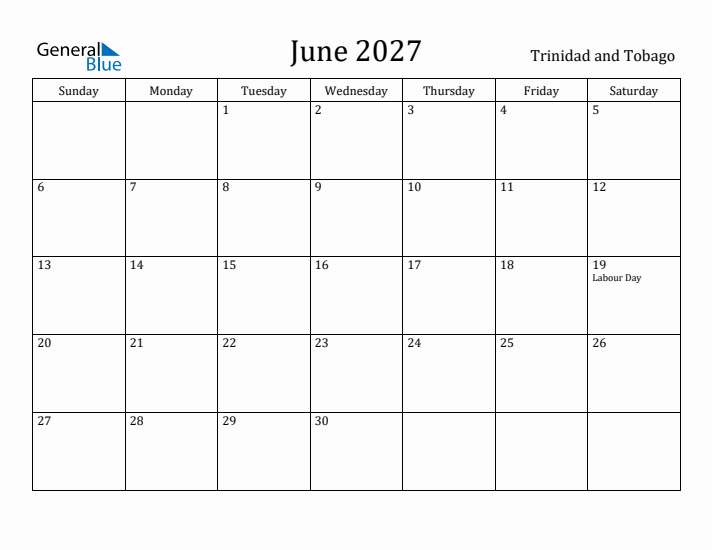 June 2027 Calendar Trinidad and Tobago
