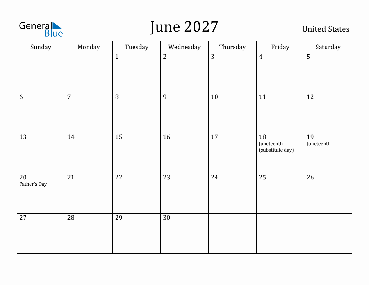 June 2027 Monthly Calendar with United States Holidays