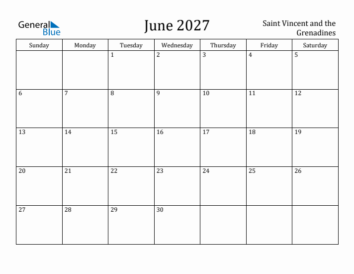 June 2027 Calendar Saint Vincent and the Grenadines