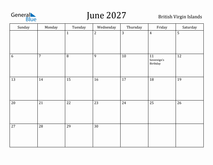 June 2027 Calendar British Virgin Islands