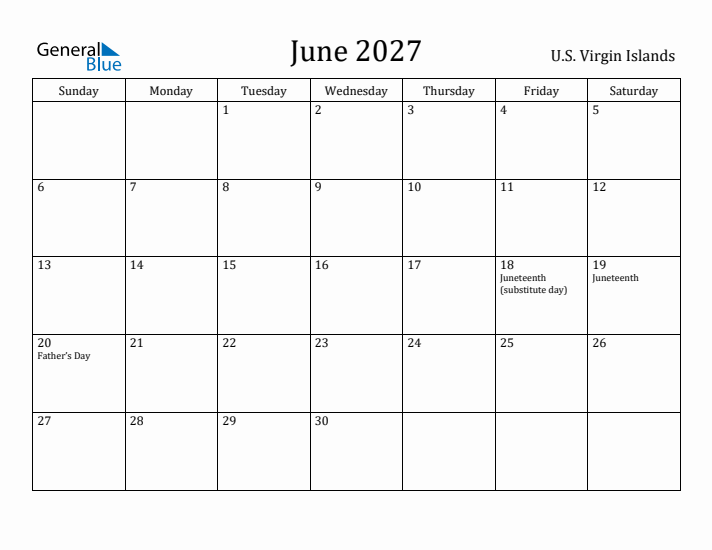 June 2027 Calendar U.S. Virgin Islands