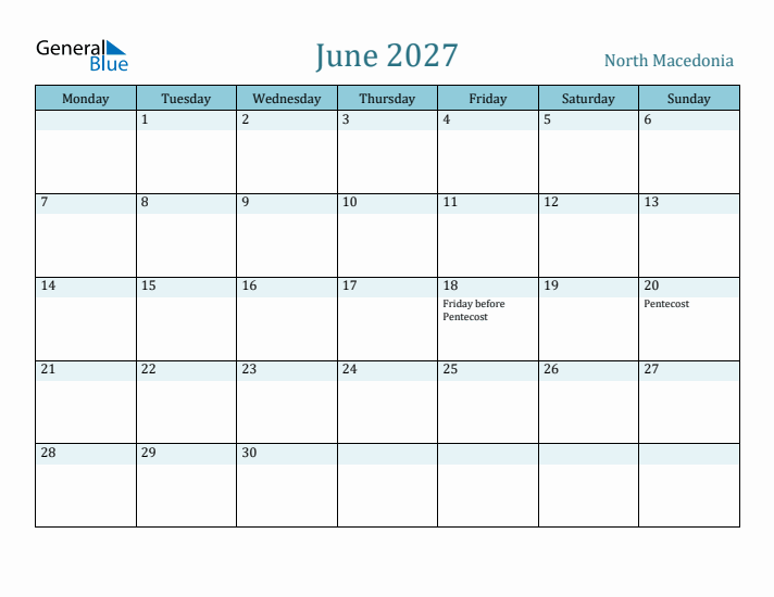 June 2027 Calendar with Holidays