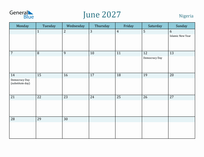 June 2027 Calendar with Holidays