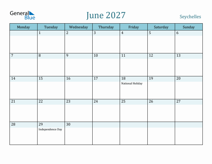 June 2027 Calendar with Holidays