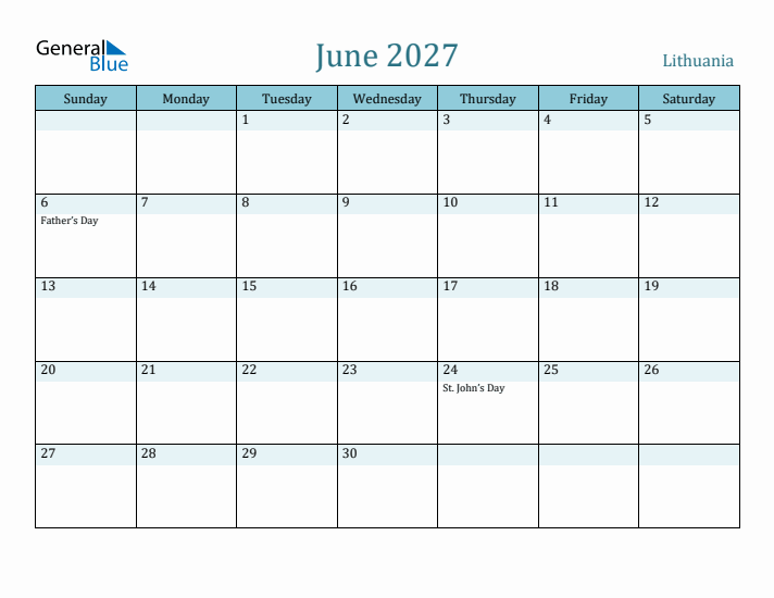 June 2027 Calendar with Holidays