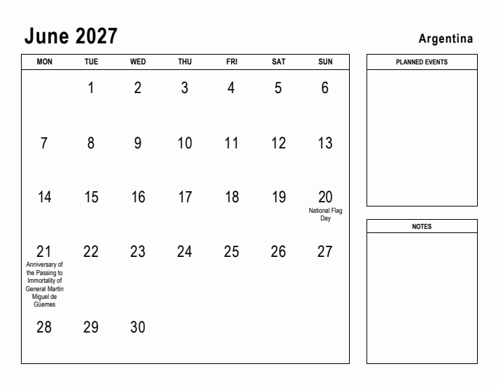 June 2027 Printable Monthly Calendar with Argentina Holidays