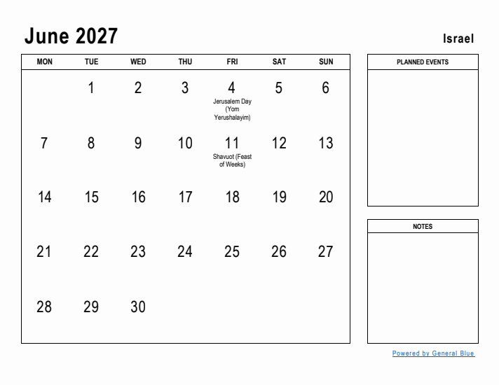 June 2027 Printable Monthly Calendar with Israel Holidays