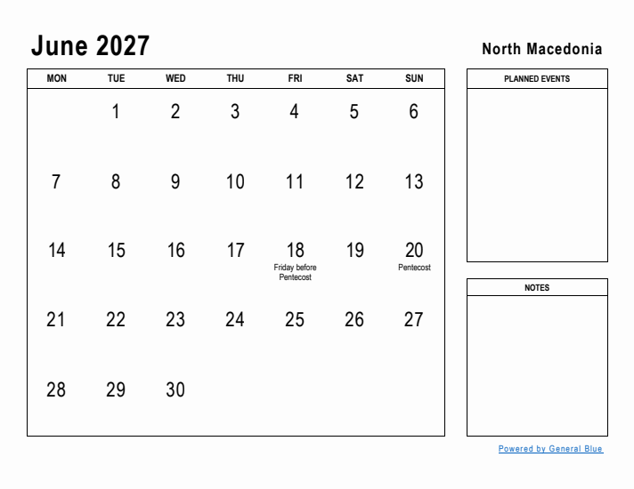 June 2027 Printable Monthly Calendar with North Macedonia Holidays