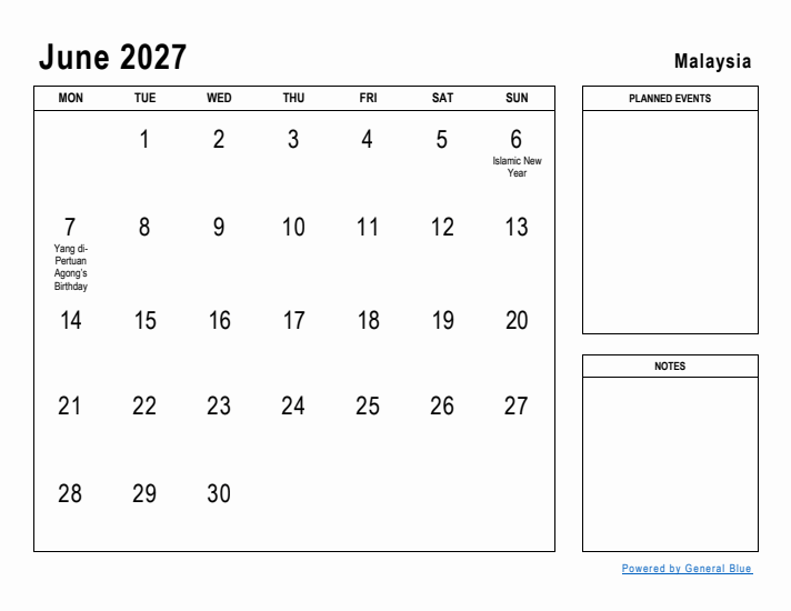 June 2027 Printable Monthly Calendar with Malaysia Holidays