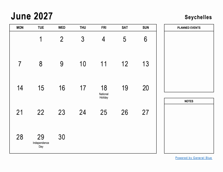 June 2027 Printable Monthly Calendar with Seychelles Holidays
