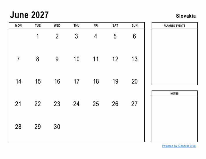 June 2027 Printable Monthly Calendar with Slovakia Holidays