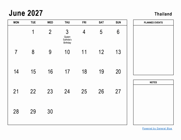 June 2027 Printable Monthly Calendar with Thailand Holidays