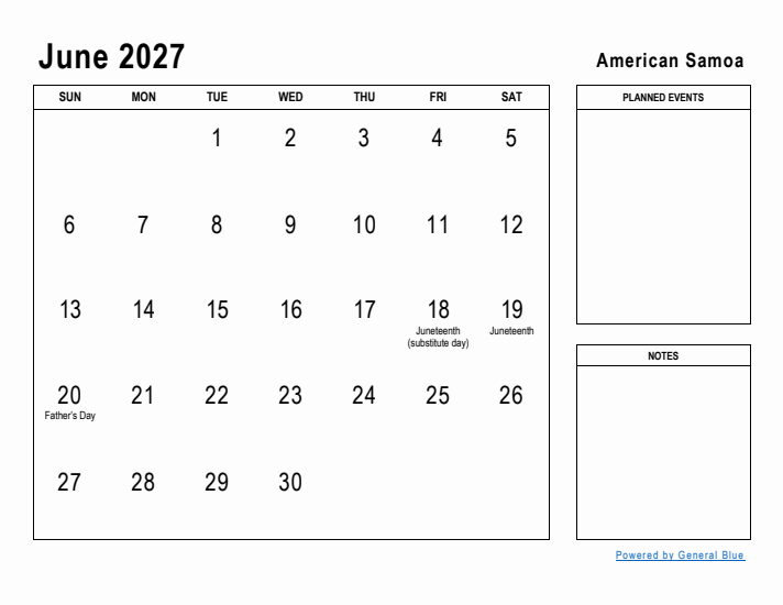June 2027 Printable Monthly Calendar with American Samoa Holidays