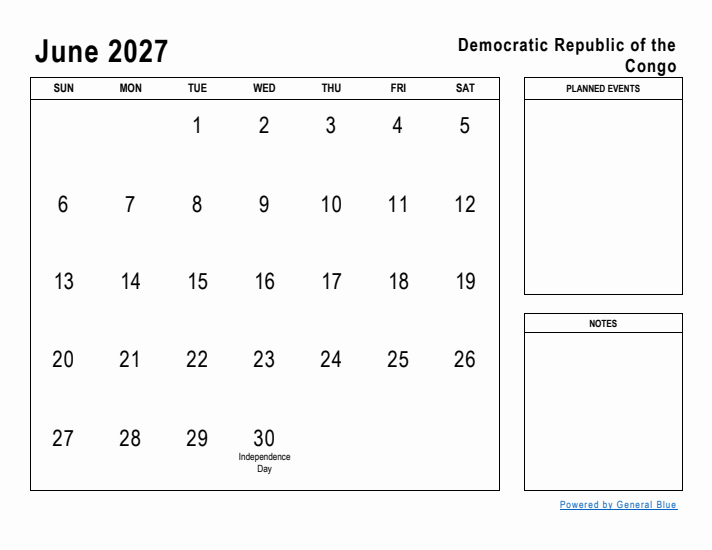 June 2027 Printable Monthly Calendar with Democratic Republic of the Congo Holidays
