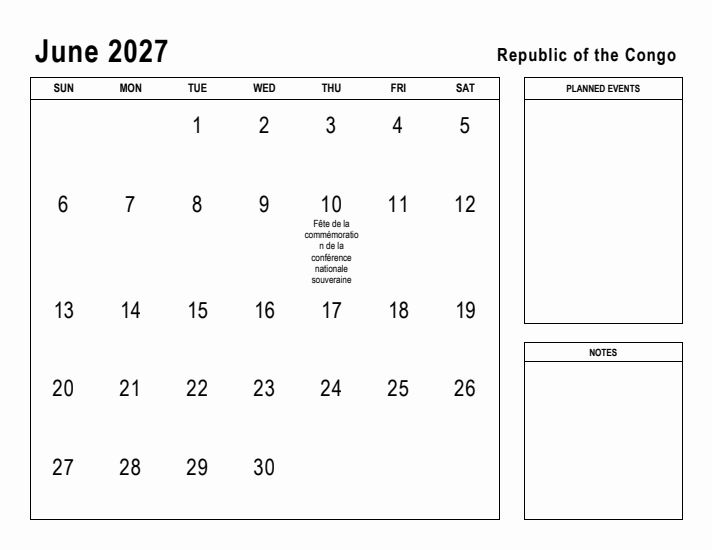 June 2027 Printable Monthly Calendar with Republic of the Congo Holidays