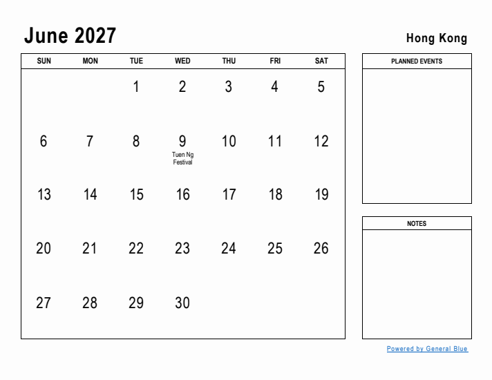 June 2027 Printable Monthly Calendar with Hong Kong Holidays