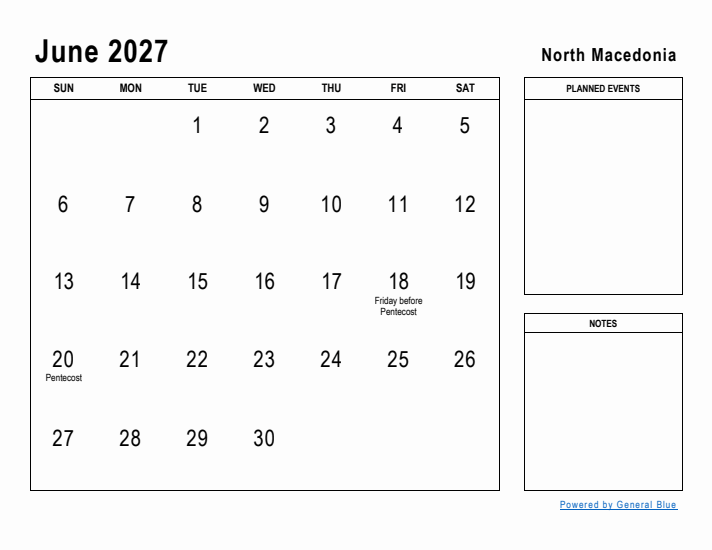 June 2027 Printable Monthly Calendar with North Macedonia Holidays