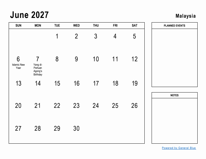 June 2027 Printable Monthly Calendar with Malaysia Holidays