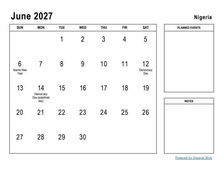 June 2027 Printable Monthly Calendar with Nigeria Holidays