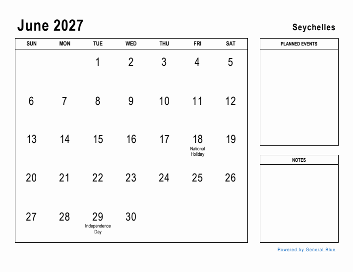 June 2027 Printable Monthly Calendar with Seychelles Holidays