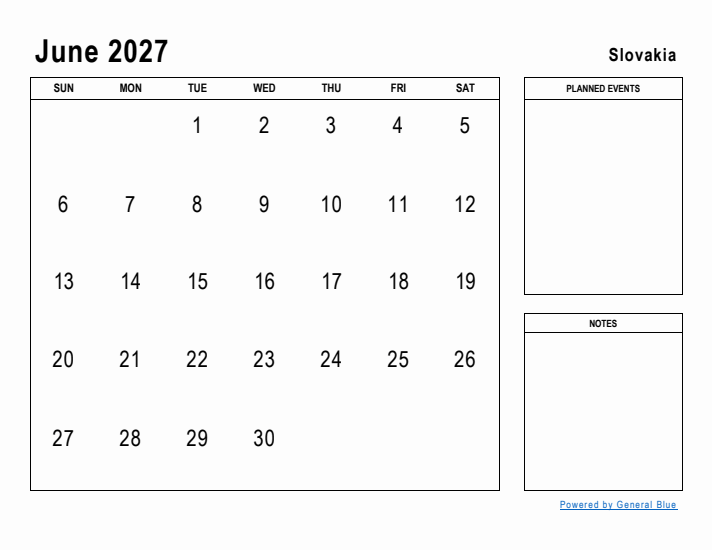 June 2027 Printable Monthly Calendar with Slovakia Holidays