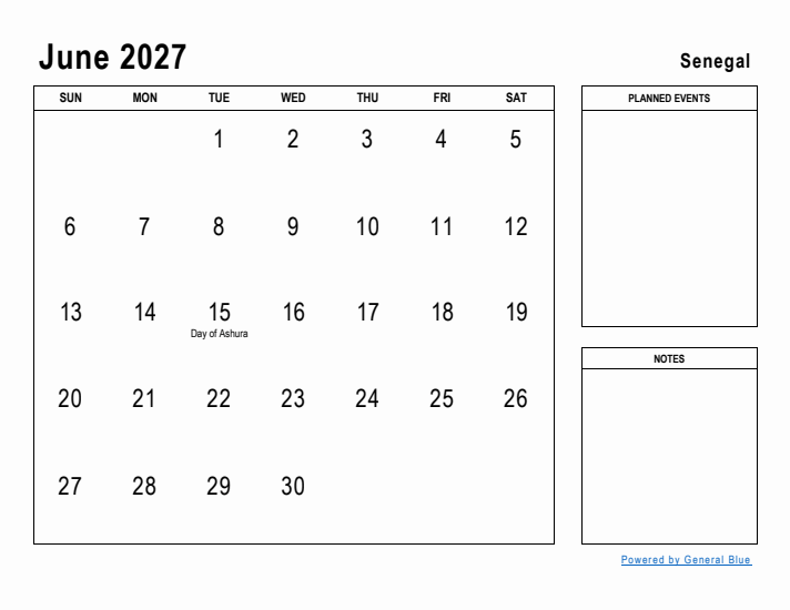 June 2027 Printable Monthly Calendar with Senegal Holidays