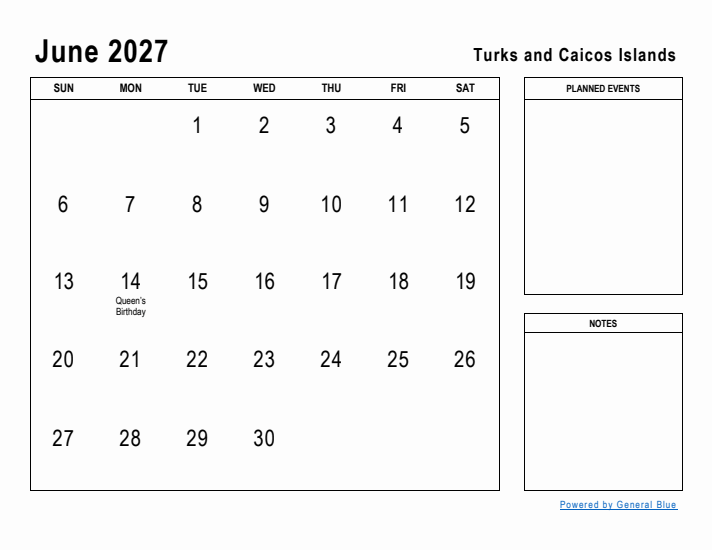 June 2027 Printable Monthly Calendar with Turks and Caicos Islands Holidays