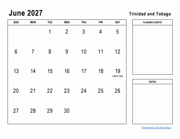 June 2027 Printable Monthly Calendar with Trinidad and Tobago Holidays