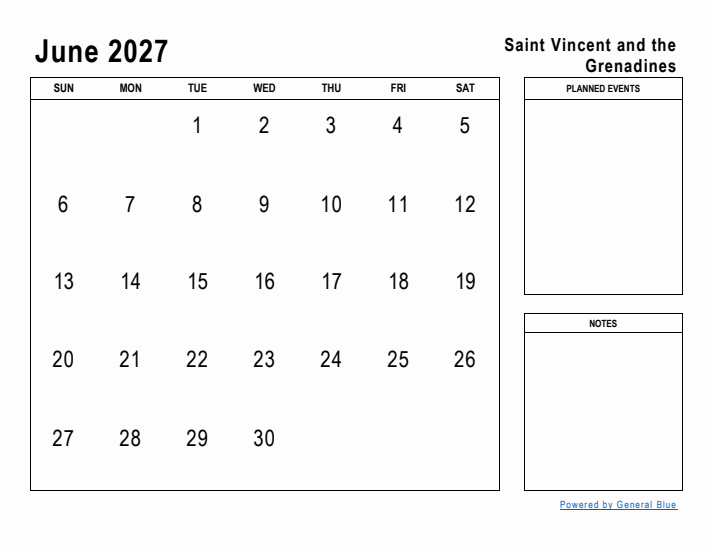 June 2027 Printable Monthly Calendar with Saint Vincent and the Grenadines Holidays