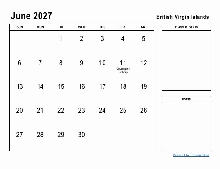 June 2027 Printable Monthly Calendar with British Virgin Islands Holidays