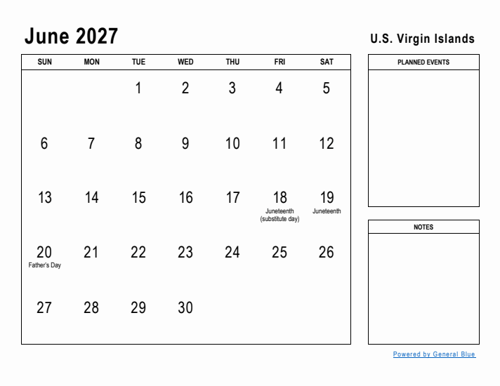 June 2027 Printable Monthly Calendar with U.S. Virgin Islands Holidays