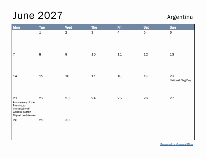 June 2027 Simple Monthly Calendar for Argentina