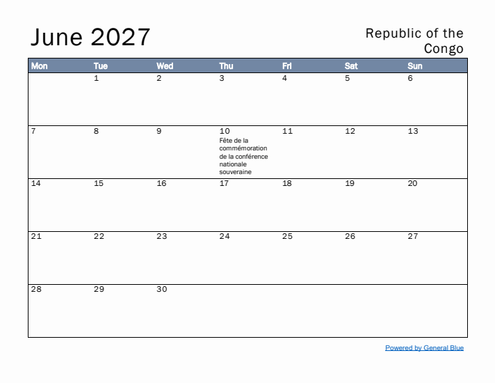 June 2027 Simple Monthly Calendar for Republic of the Congo