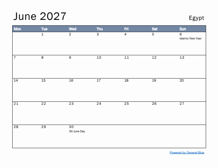 June 2027 Simple Monthly Calendar for Egypt