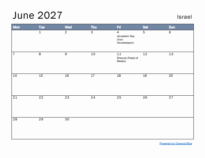 June 2027 Simple Monthly Calendar for Israel