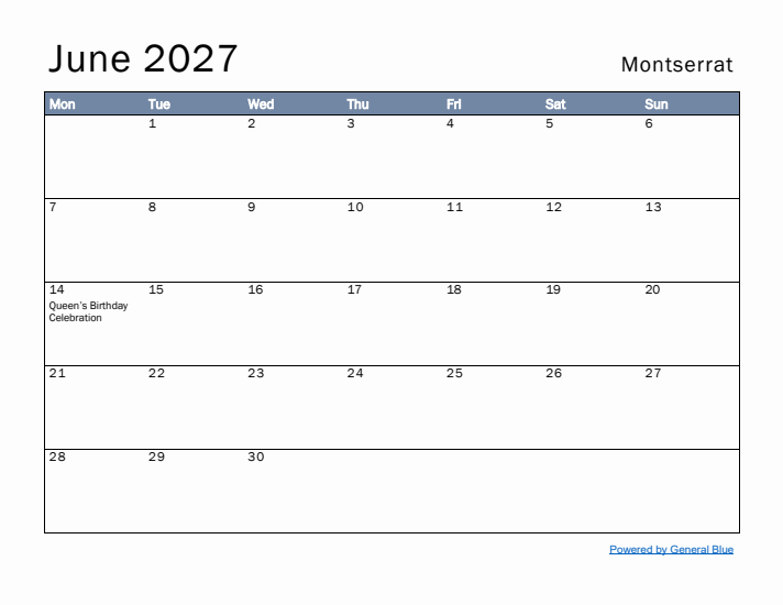 June 2027 Simple Monthly Calendar for Montserrat