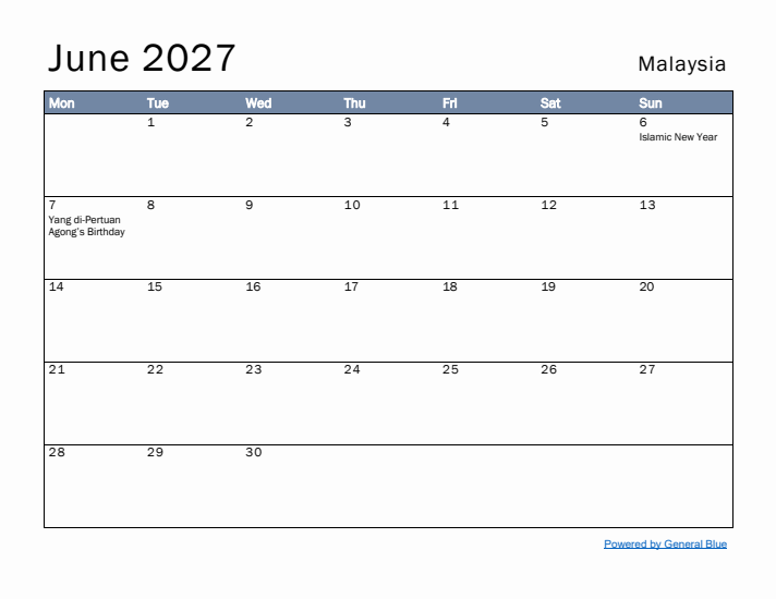 June 2027 Simple Monthly Calendar for Malaysia
