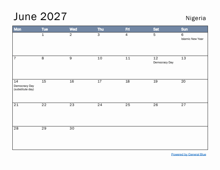 June 2027 Simple Monthly Calendar for Nigeria