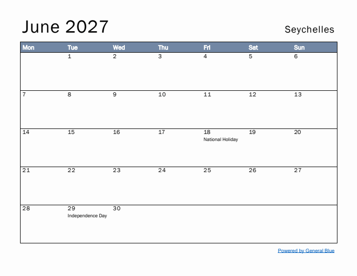 June 2027 Simple Monthly Calendar for Seychelles