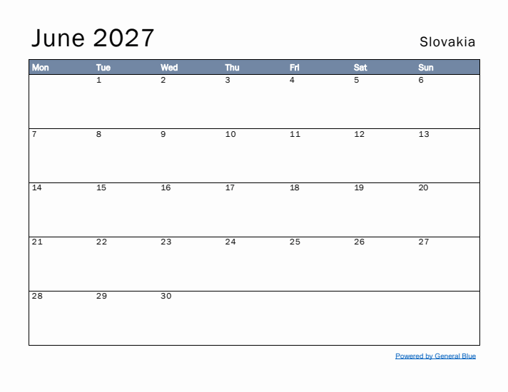 June 2027 Simple Monthly Calendar for Slovakia