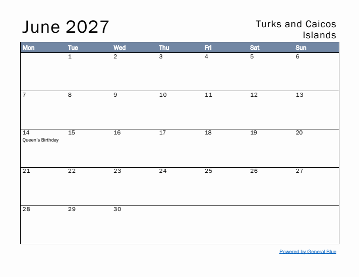 June 2027 Simple Monthly Calendar for Turks and Caicos Islands