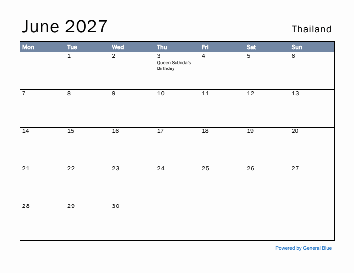 June 2027 Simple Monthly Calendar for Thailand
