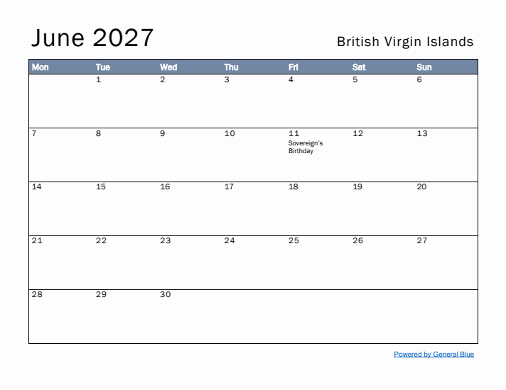 June 2027 Simple Monthly Calendar for British Virgin Islands