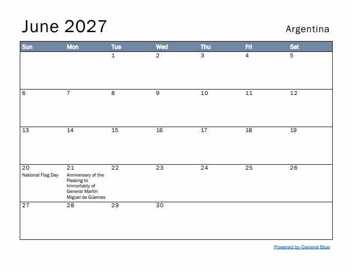 June 2027 Simple Monthly Calendar for Argentina