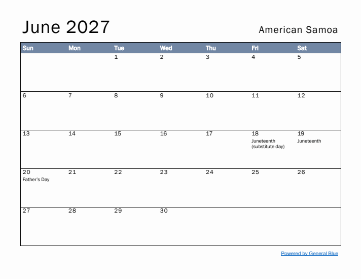 June 2027 Simple Monthly Calendar for American Samoa