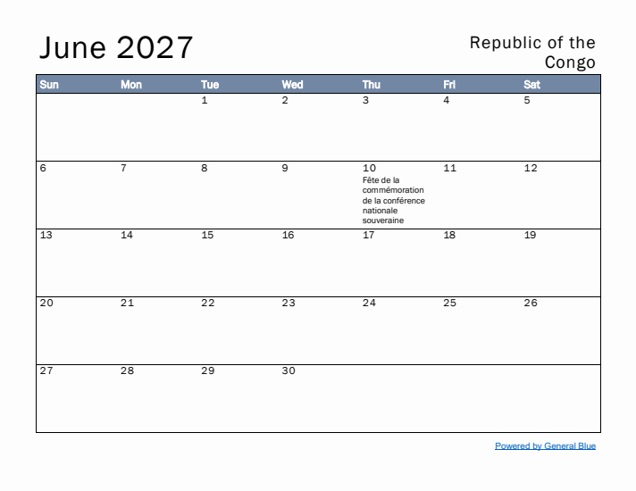 June 2027 Simple Monthly Calendar for Republic of the Congo