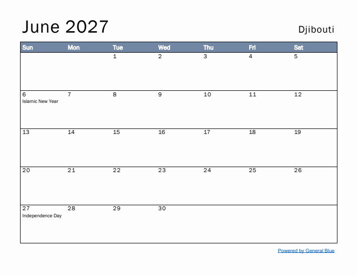 June 2027 Simple Monthly Calendar for Djibouti